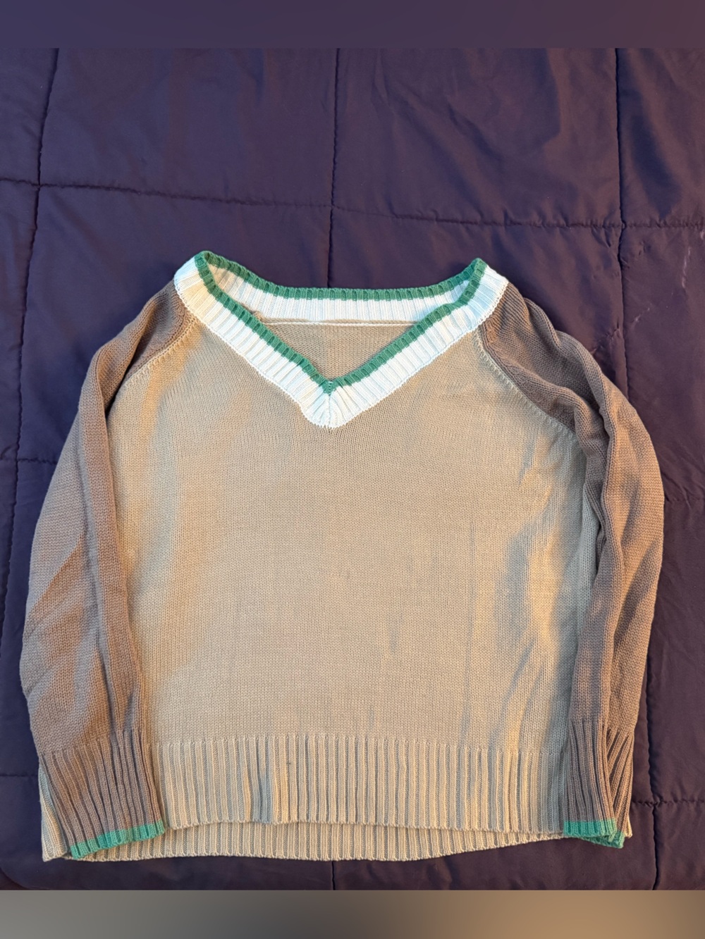 SHEIN Beige V-Neck Sweater with White and Green Trim
